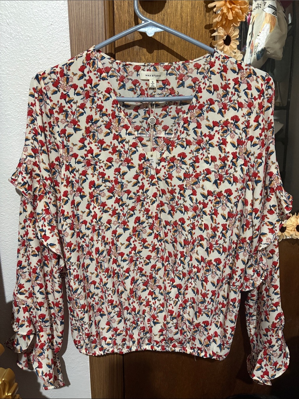 Max Studio Cream Blouse with Red Floral Print and Ruffle Sleeves
